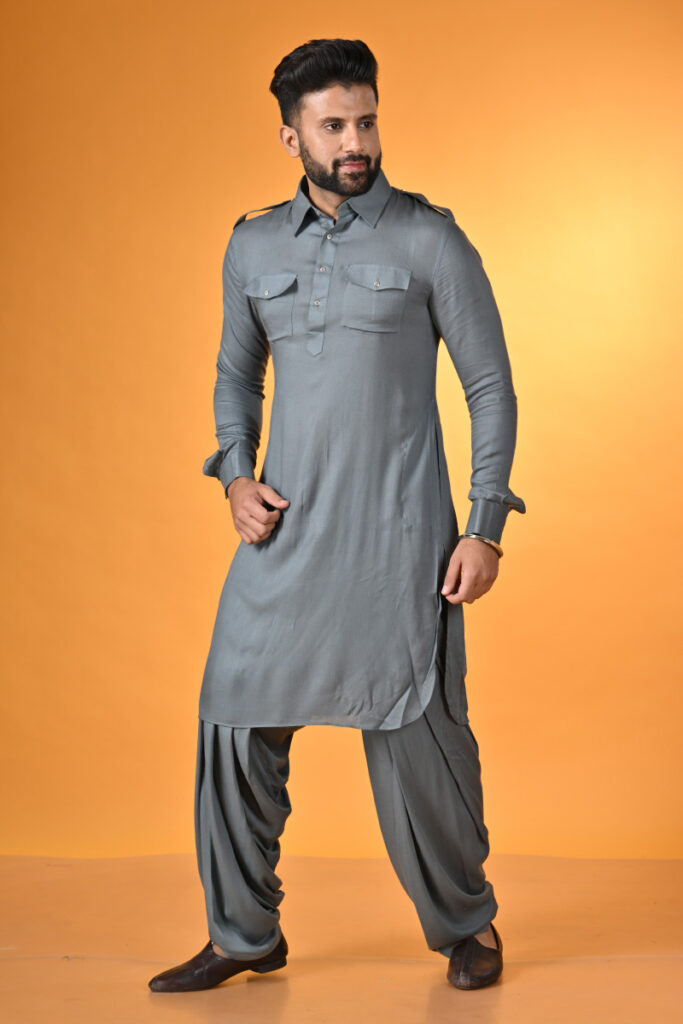 Grey Pathani Style Kurta Pajama