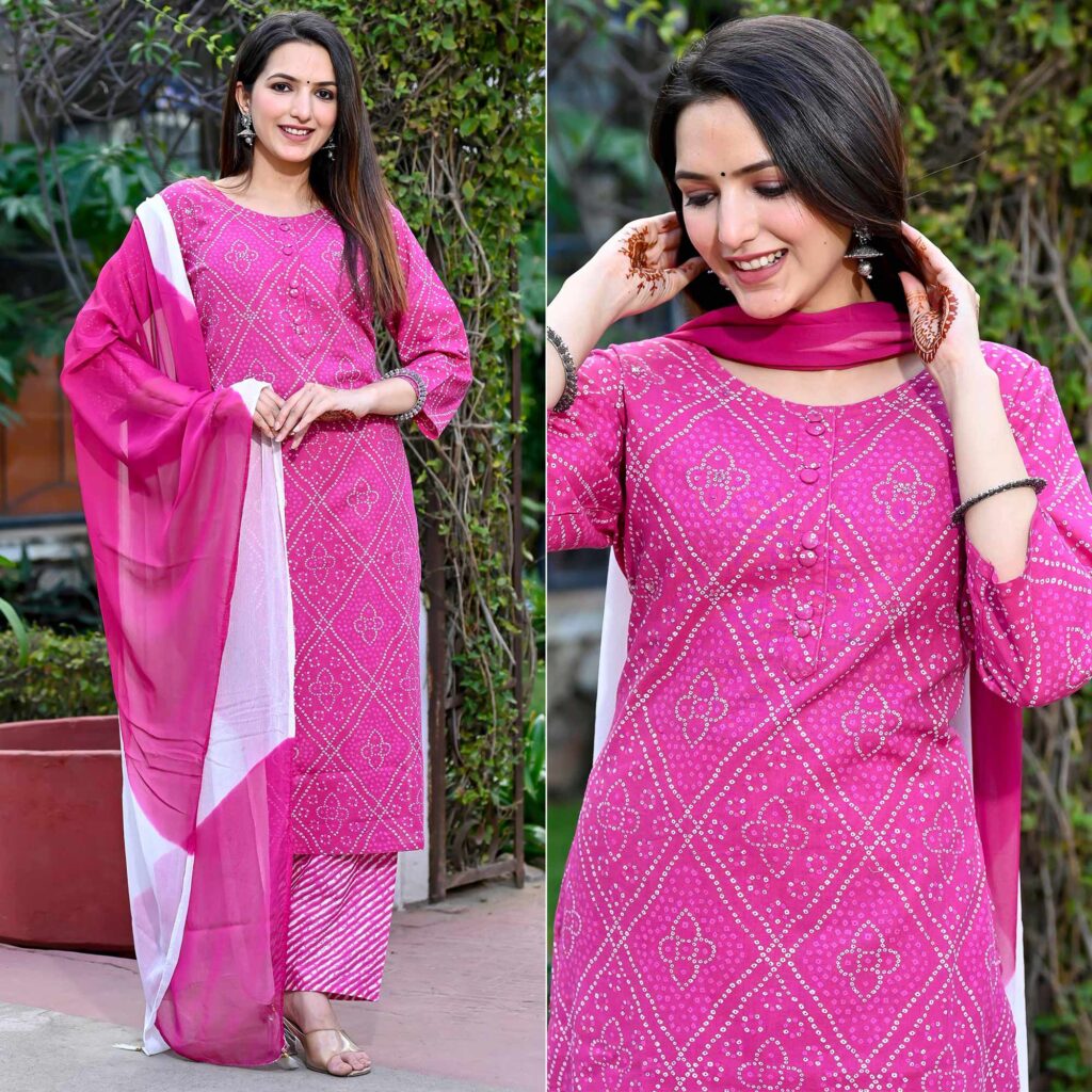 pink bandhani ethnic dress for ladies
