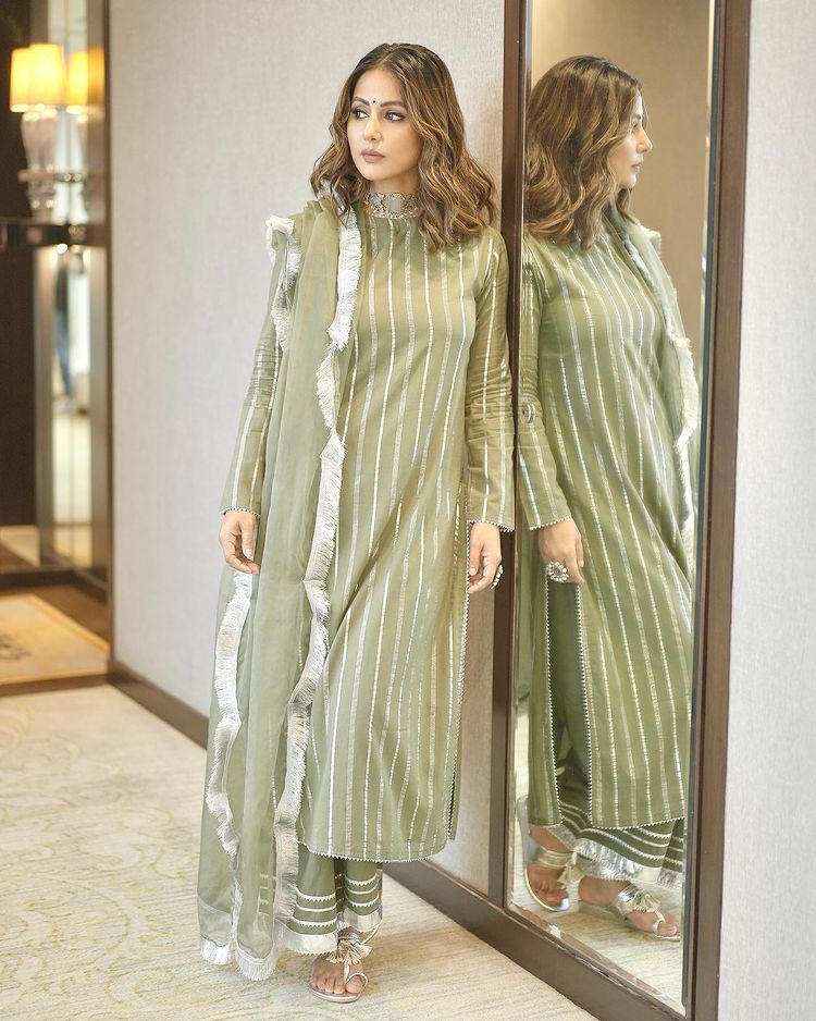 hina khan in beautiful striped ethnic dress